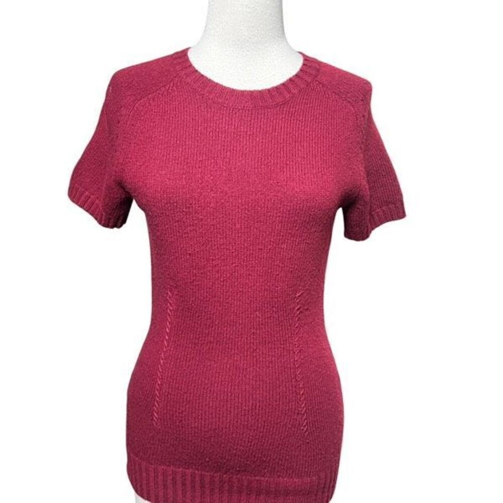 BCBGMAXAZRIA Short Sleeve Burgundy Fitted Wool Sweater Size Small